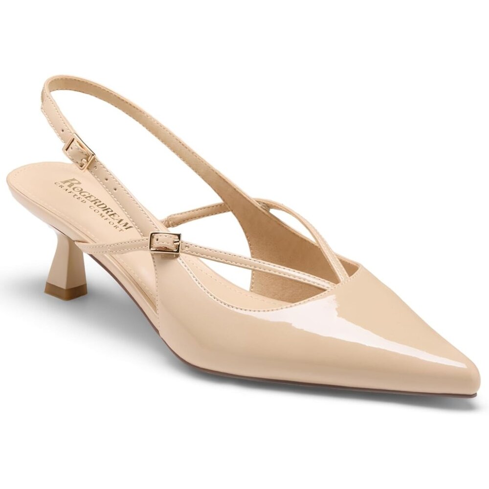 Women's Nude Kitten Heel Slingback Pumps Patent Vegan Leather Comfortable